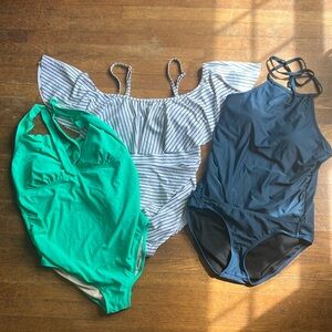 Pinkblush Maternity suits size large, black white stripes, blue and teal.